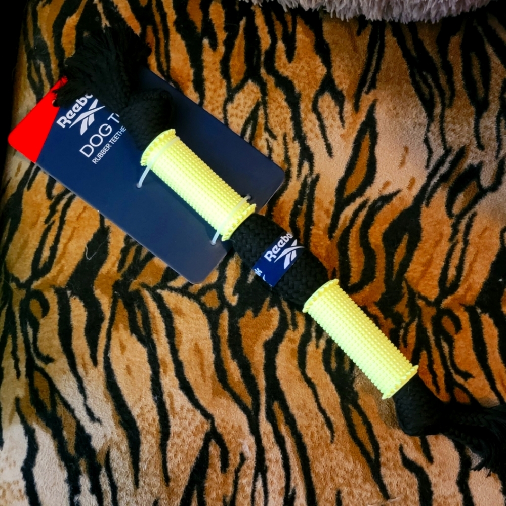 Reebok Dog Puppy Fetch Stick W Rope Tug Toy Black and Yellow Ea.